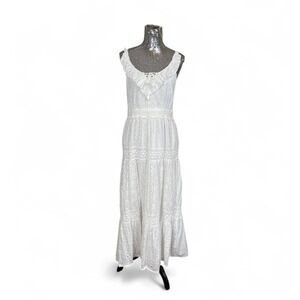 Cottagecore Eyelet Lace Maxi Dress Large Ruffle Strap Tiered White Feminine